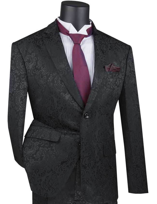 Paisley Texture Slim Fit Suit Black