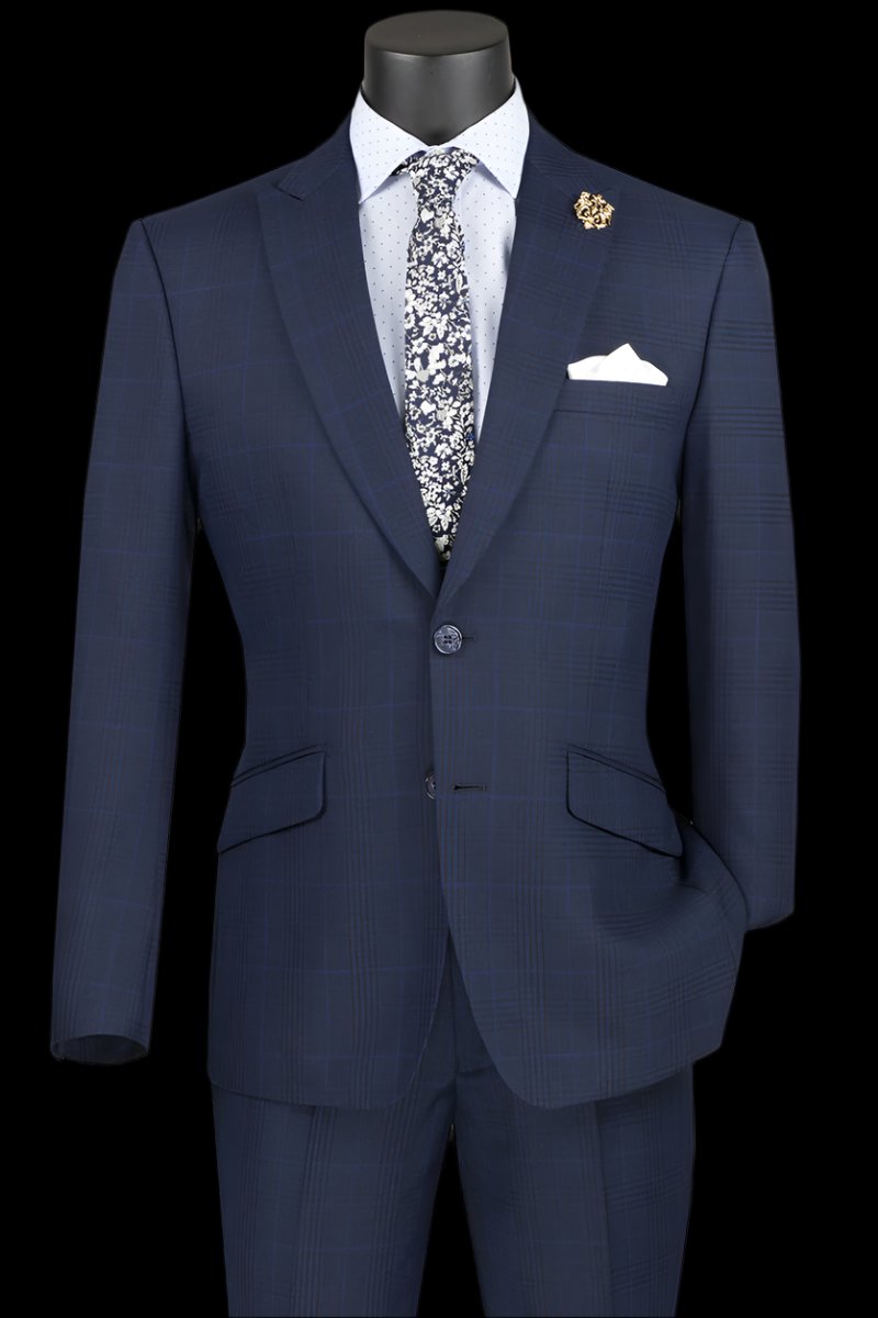 Plaid Slim Fit Suit Navy