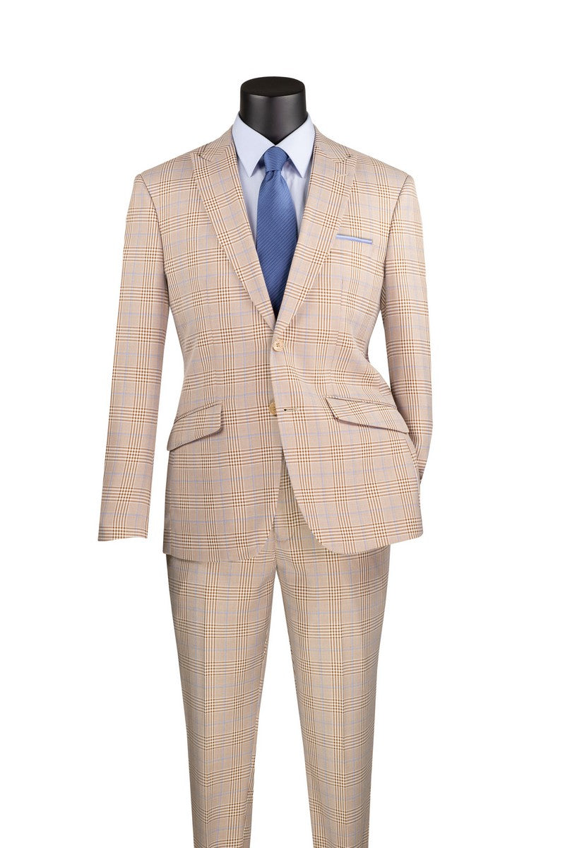 Plaid Slim Fit Suit Beige