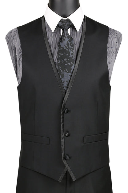 Vested Solid Trimmed Lapel Black