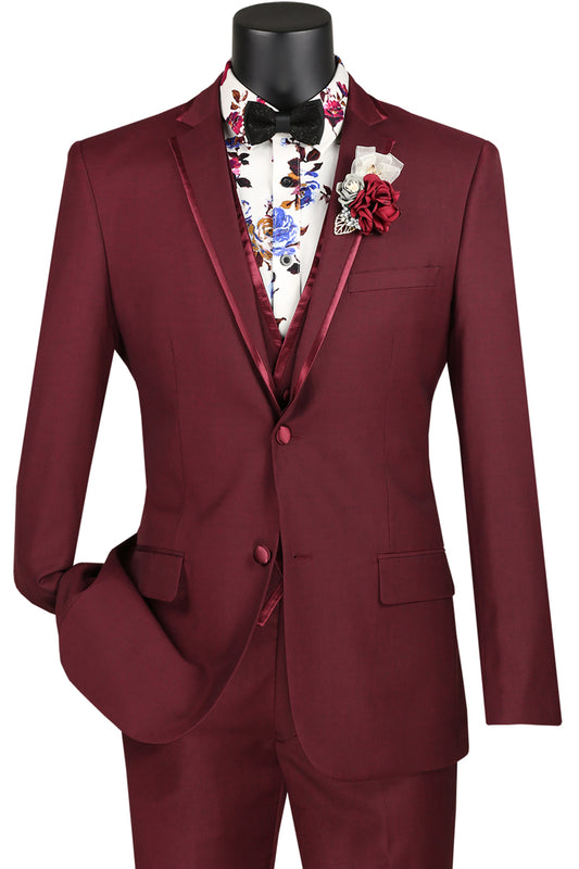 Vested Solid Trimmed Lapel Burgundy