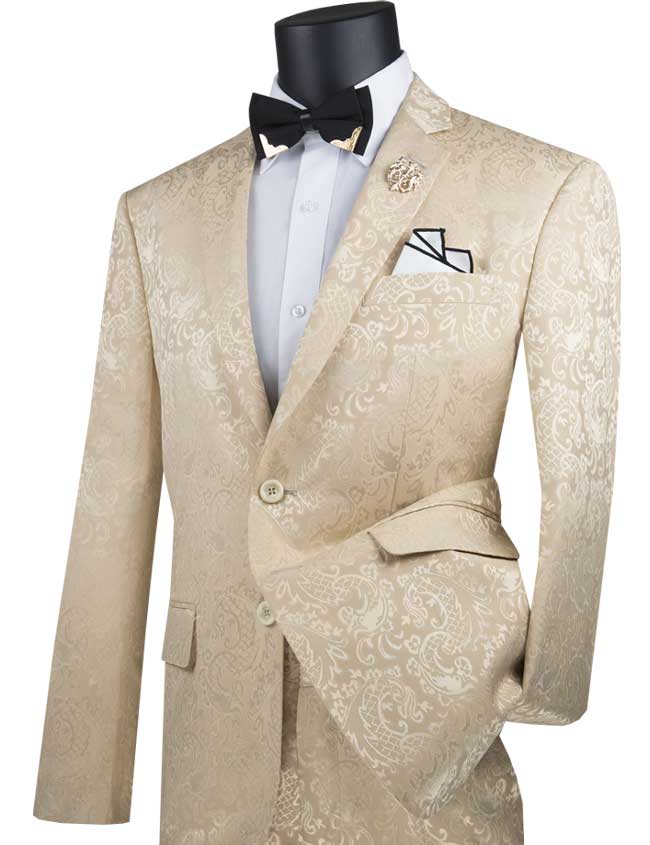Paisley Texture Slim Fit Suit Beige
