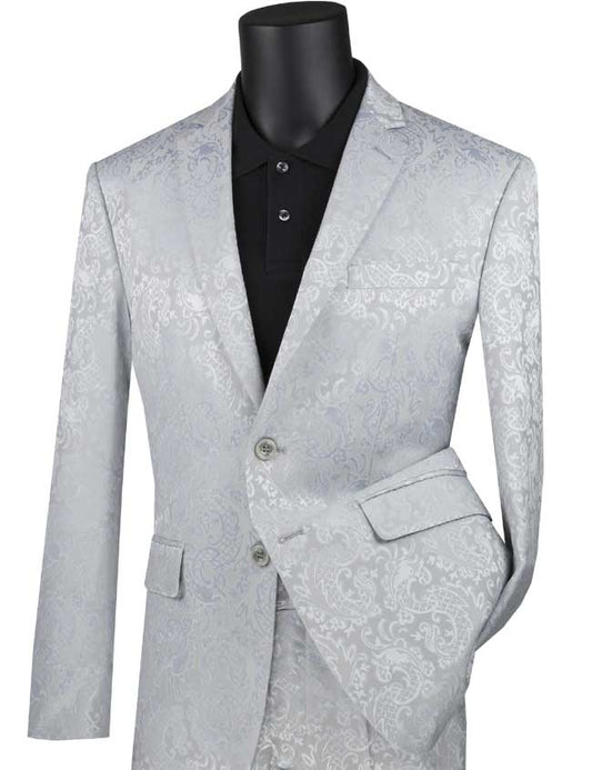Paisley Texture Slim Fit Suit Silver