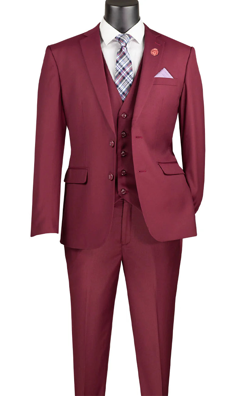 Vested Slim Fit Suit Burgundy